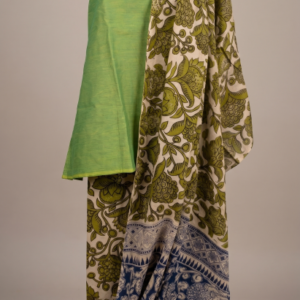 Kalamkari Cotton 3-Piece Dress Material Set Parrot Green