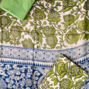 Kalamkari Cotton 3-Piece Dress Material Set Parrot Green