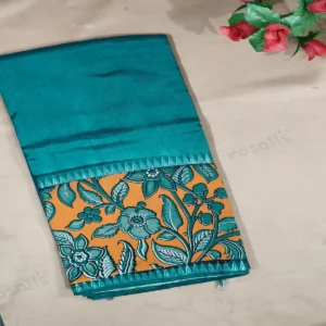 Kalamkari Gap Border Silk Saree Green Orange floral