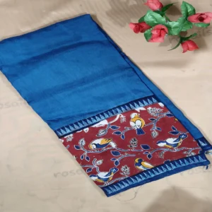 Kalamkari Gap Border Silk Saree Blue Red Sparrow