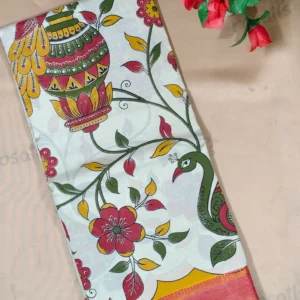 Kalamkari Nizam Border Silk Saree Pink Green Pot