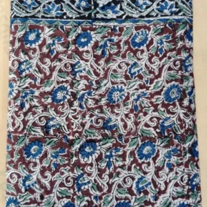 Kalamkari Block Print Cotton Saree floral Blue Brown Green