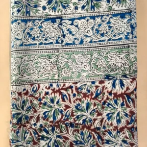 Kalamkari Block Print Cotton Saree Green Blue Maroon