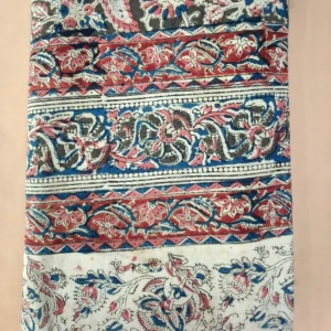Kalamkari Block Print Cotton Saree floral White Blue Mehandi