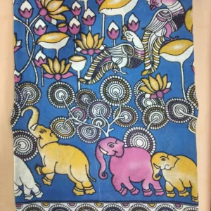 Kalamkari Cotton Saree Blue Peacock Elephant