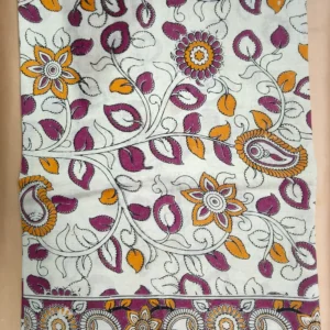 Kalamkari Cotton Saree Yellow Floral Pink Leaves