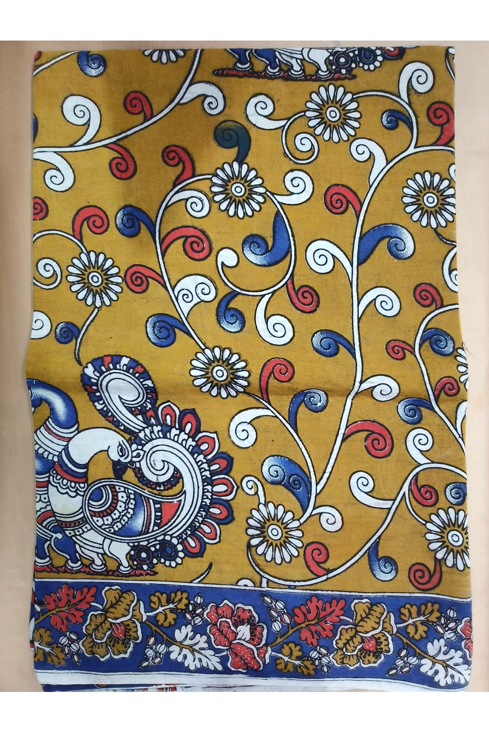 Kalamkari Cotton Saree Light Yellow Vine
