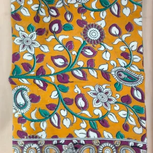 Kalamkari Cotton Saree Yellow Kappu Green Vine