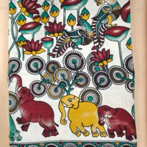 Kalamkari Cotton Saree Red Yellow Elephant