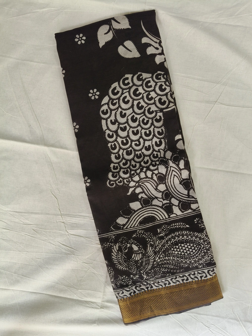 Kalamkari Nizam Border Silk Saree Black Peacock