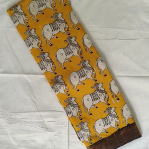 Kalamkari Nizam Border Silk Saree Cows Yellow