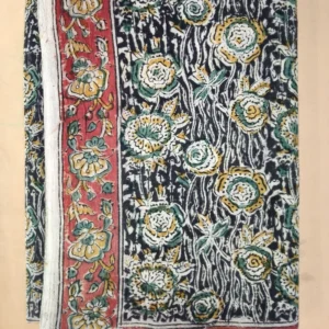 Kalamkari Block Print Cotton Saree Rose Green Yellow Black