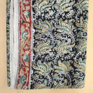 Kalamkari Block Print Cotton Saree floral Green Black Yellow