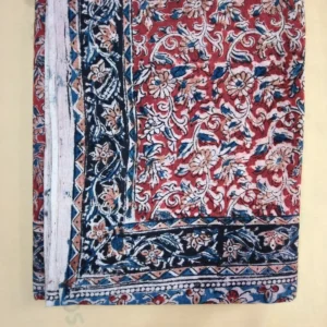 Kalamkari Block Print Cotton Saree floral Red LightPink Blue