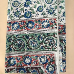 Kalamkari Block Print Cotton Saree floral White Green Blue