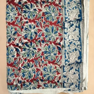Kalamkari Block Print Cotton Saree floral Green Blue leaves