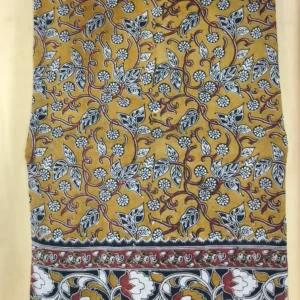 Kalamkari Cotton Saree Yellow Kappu Small Buti
