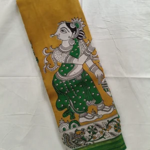 Kalamkari Nizam Border Silk Saree Yellow Green Rokali