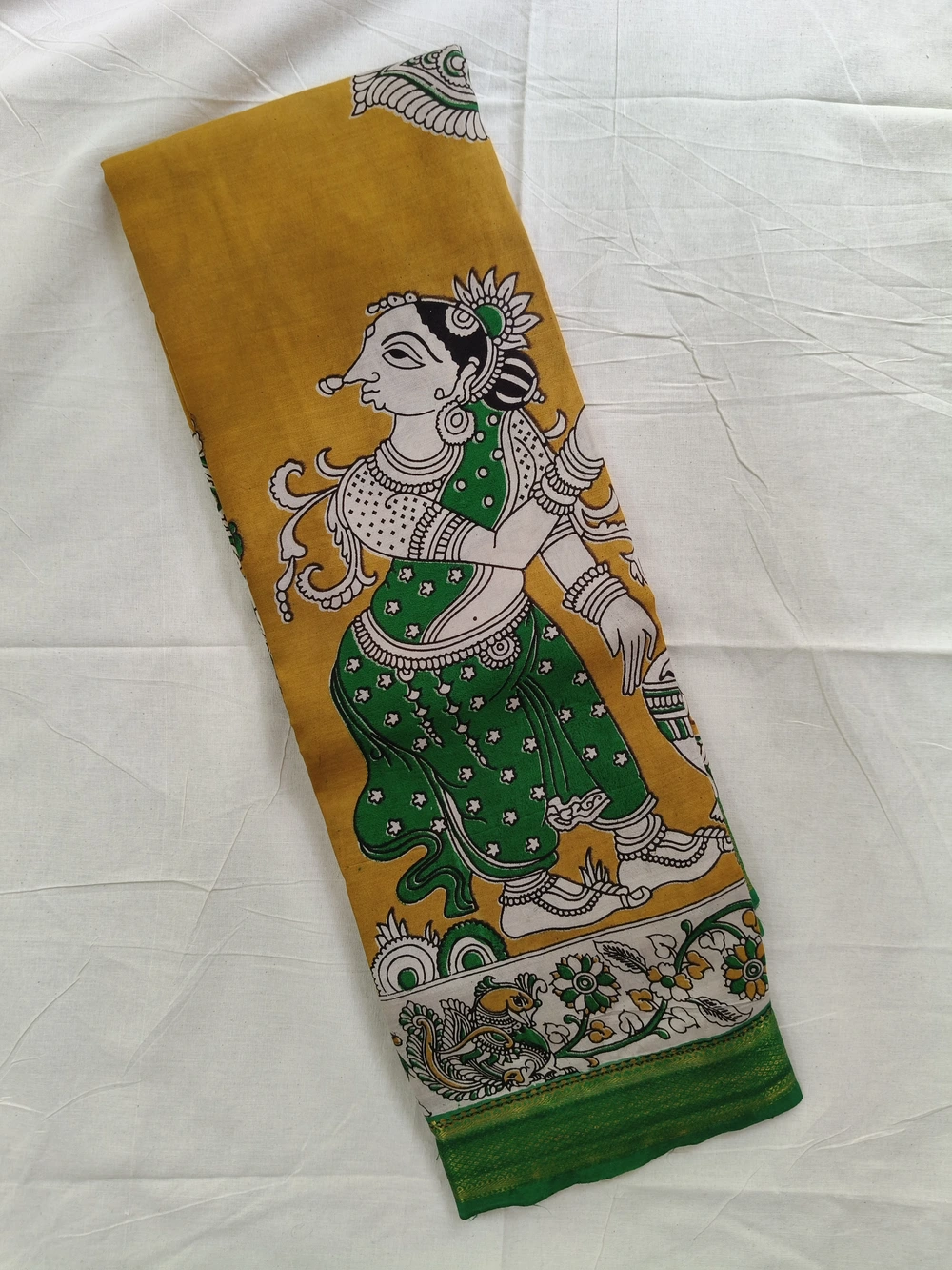 Kalamkari Nizam Border Silk Saree Yellow Green Rokali