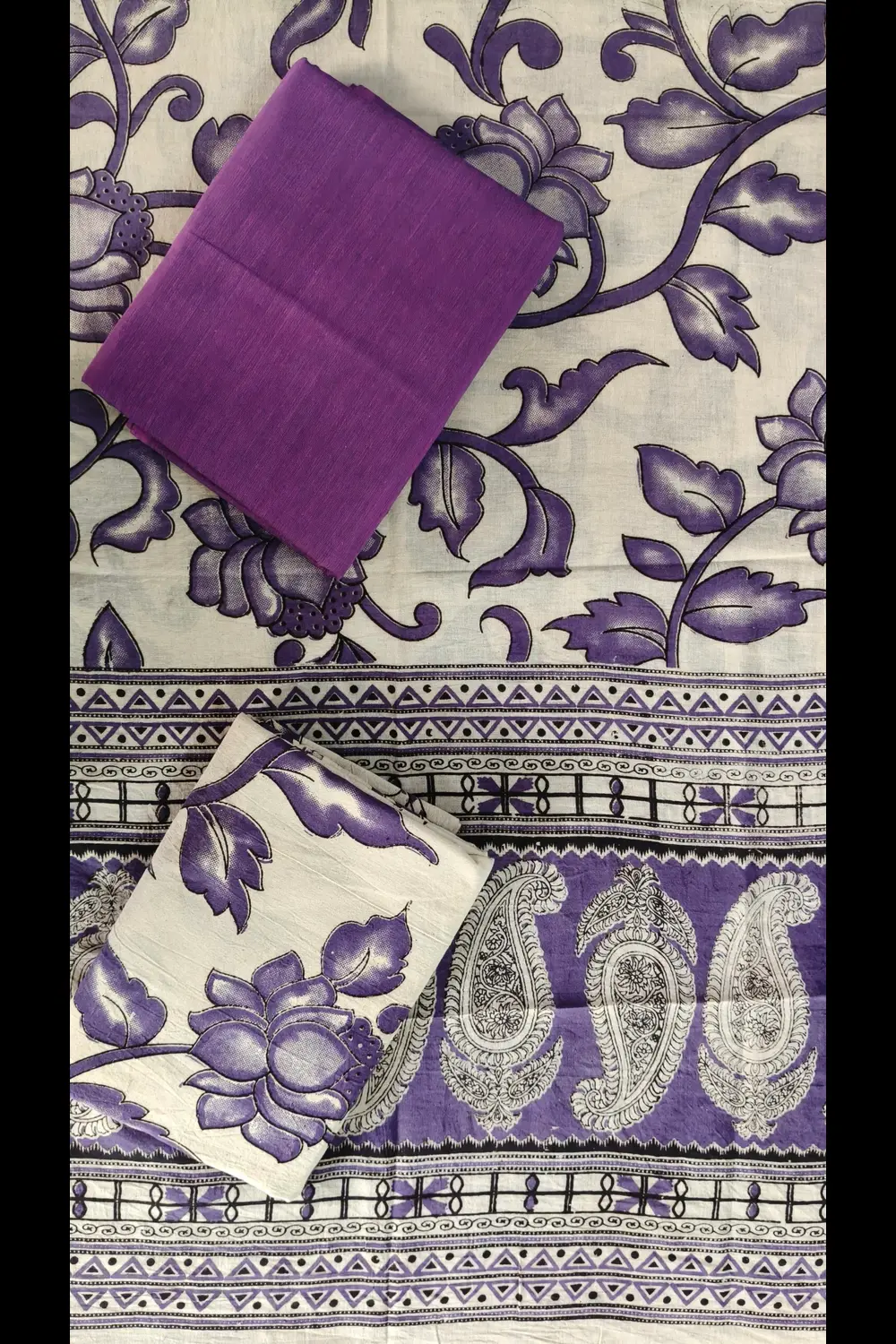 Kalamkari Cotton 3-Piece Dress Material Set Violet