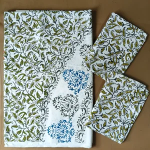 Hand Block Print Double / Queen White Bed Sheet Mehandi Leaves– 90 x 108 in