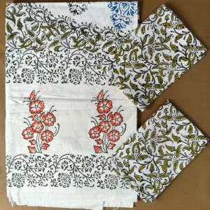 Hand Block Print Double / Queen White Bed Sheet Brown Leaves– 90 x 108 in