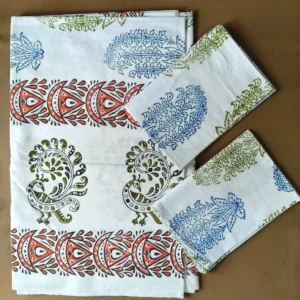 Hand Block Print Double / Queen White Bed Sheet Mehandi Peacocks– 90 x 108 in