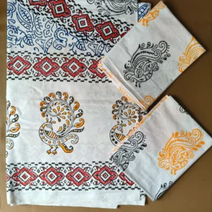 Hand Block Print Double / Queen White Bed Sheet Orange Peacocks– 90 x 108 in