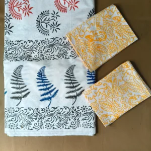 Hand Block Print Double / Queen White Bed Sheet Orange Motifs– 90 x 108 in