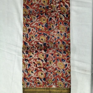 Kalamkari Hand Block Silk Dupatta Nizam Border Small Floral Red