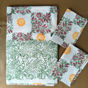 Hand Block Print Double / Queen White Bed Sheet Pink Leaves– 90 x 108 in
