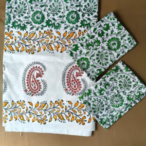Hand Block Print Double / Queen White Bed Sheet Green Red Mangoes– 90 x 108 in