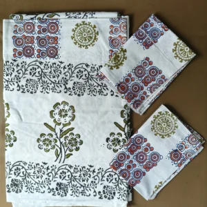 Hand Block Print Double / Queen White Bed Sheet Red Circle– 90 x 108 in