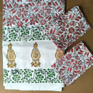 Hand Block Print Double / Queen White Bed Sheet Red Florals– 90 x 108 in