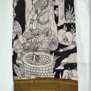 Pedana Kalamkari Silk Dupatta with Woven Nizam Border Water Lilies