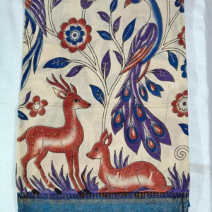 Pedana Kalamkari Silk Dupatta with Woven Nizam Border Deer Blue
