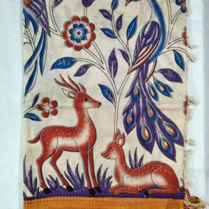 Pedana Kalamkari Silk Dupatta with Woven Nizam Border Deer Orange