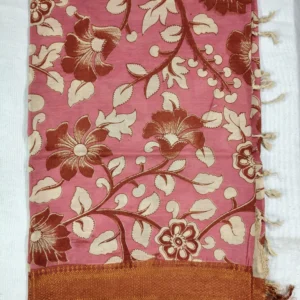 Pedana Kalamkari Silk Dupatta with Woven Nizam Border Hibiscus Red Pink